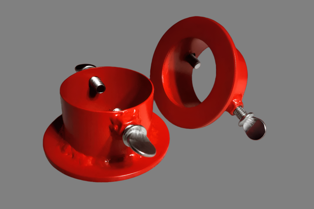 Adustable barbell collars in red with locking bolts for 1" Standard barbells. Made from heavy-duty steel for secure weightlifting performance.