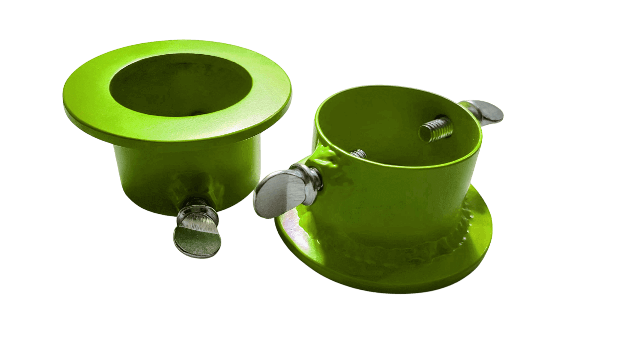 1" Plate Collars in lime green, featuring welded steel and bolt locks for secure weightlifting support.