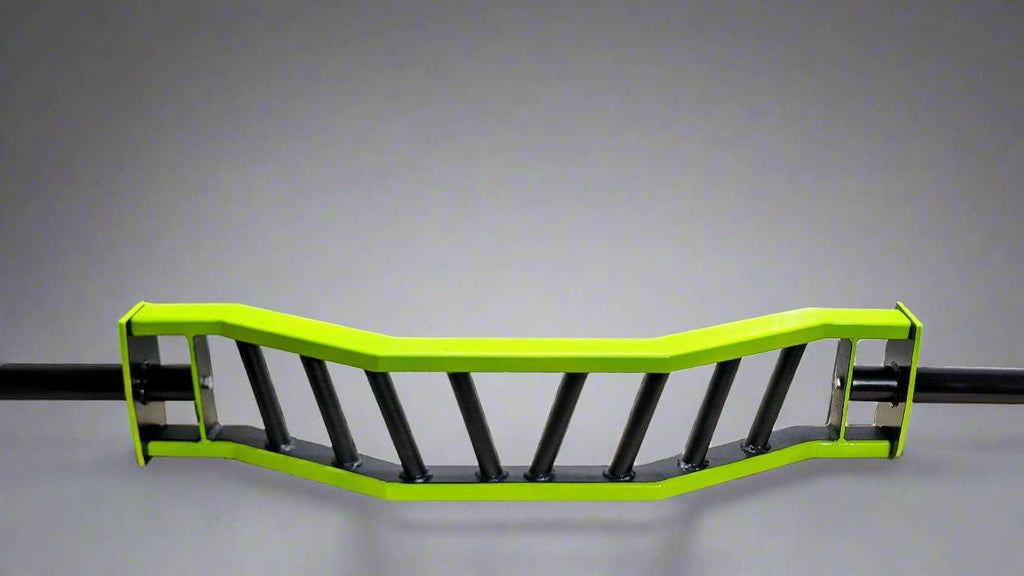 Front view of the Multi-Grip Cambered Barbell with angled handles and cambered frame, perfect for garage gym equipment.