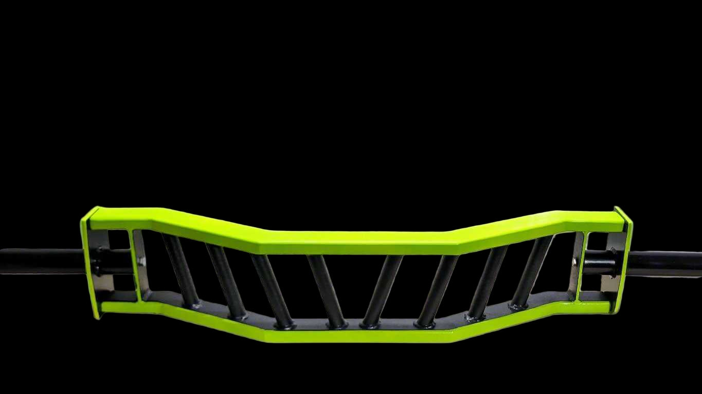 Front view of the Multi-Grip Cambered Barbell with angled handles and cambered frame, perfect for garage gym equipment.