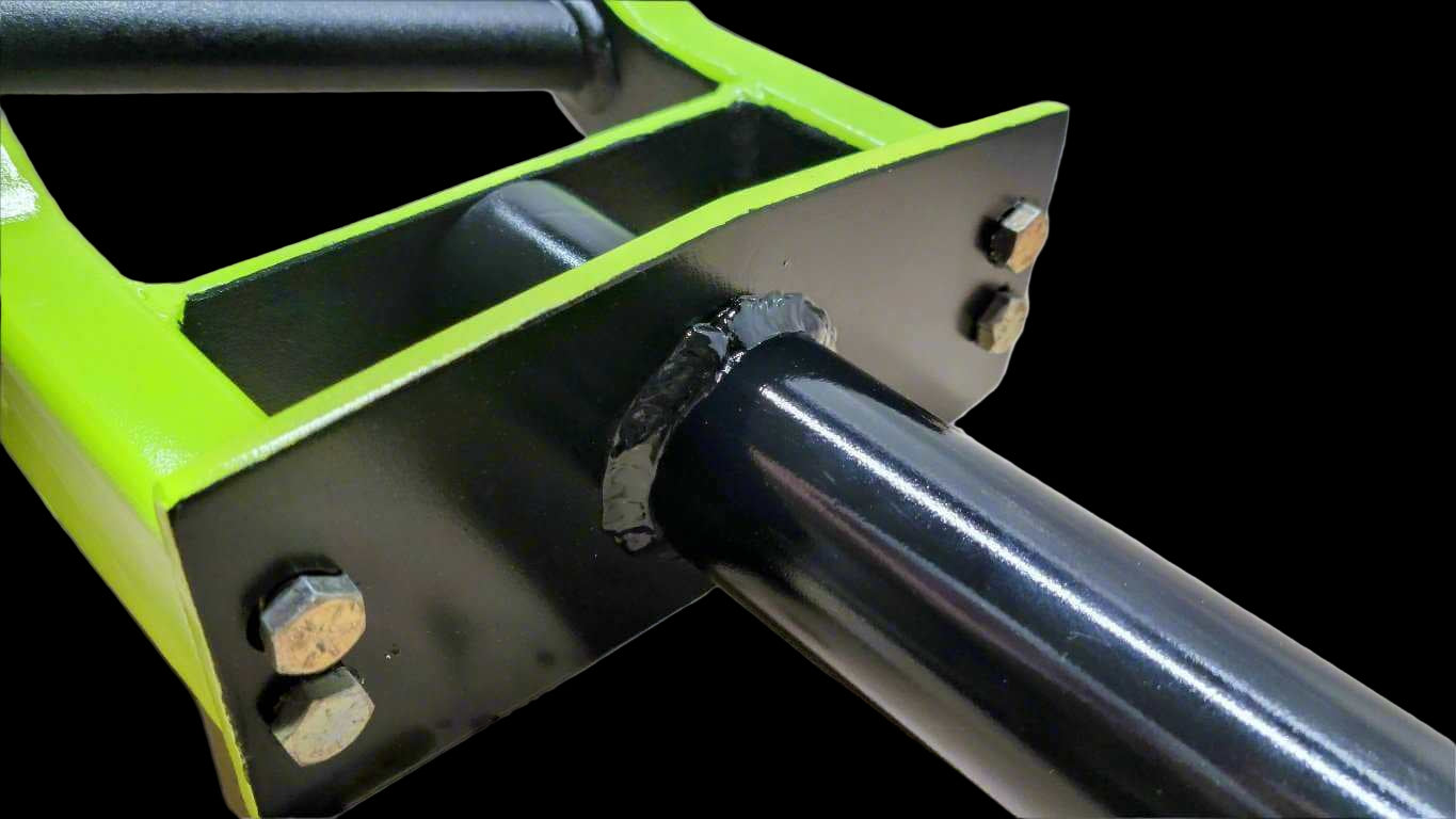 Close-up of Belle Mere Fitness Swiss Barbell showing welded steel construction and bolt-secured sleeve for heavy-duty performance and durability.