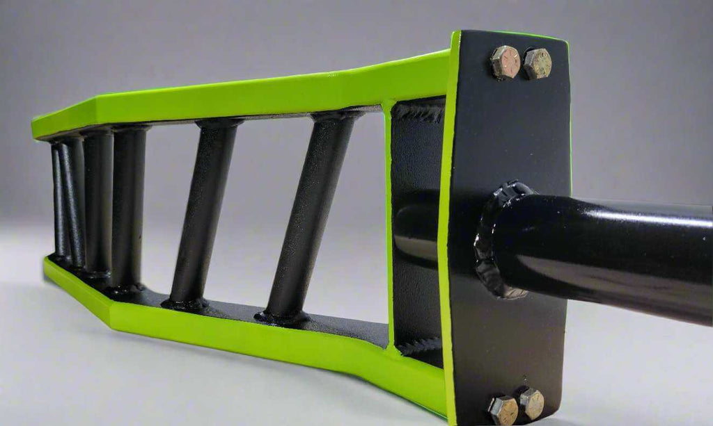 Close-up of BMF Angled Multi-Grip Cambered Barbell showing welded steel construction and customizable grip angles.