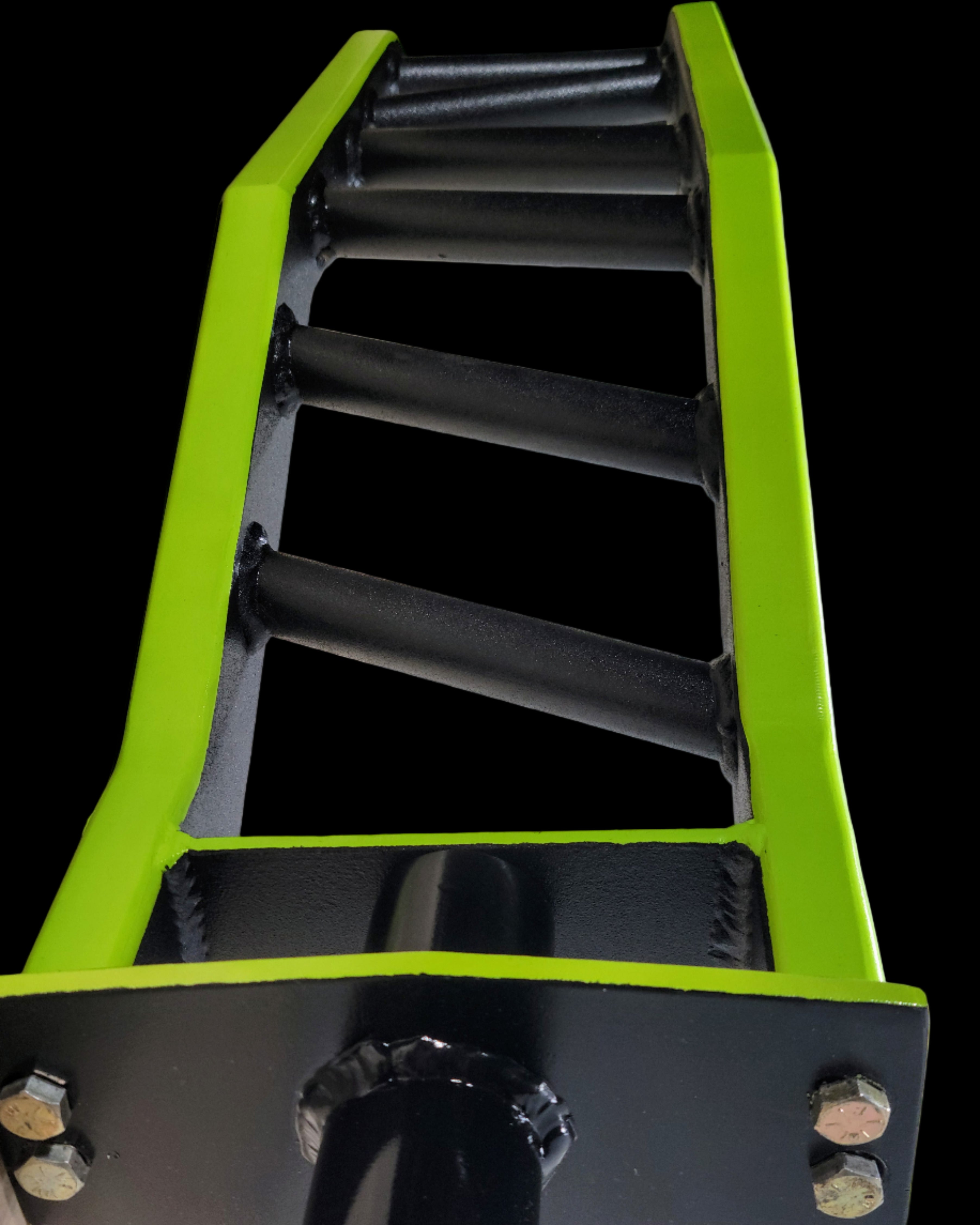 Close-up of BMF Angled Multi-Grip Cambered Barbell showing welded steel construction and customizable grip angles.