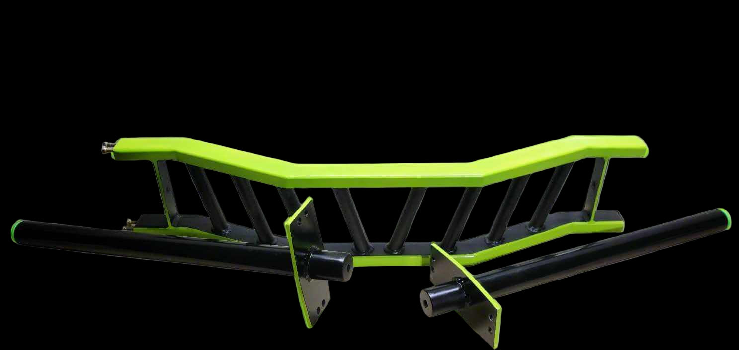 Disassembled view of the cambered barbell showing modular components and angled grip design for customizable lifting.