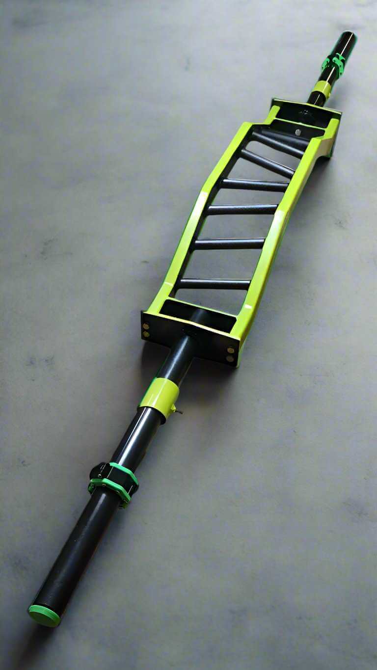 Cambered Barbell for heavy lifting with angled multi-grip handles in neon green, ideal for strength training and home gym setups.