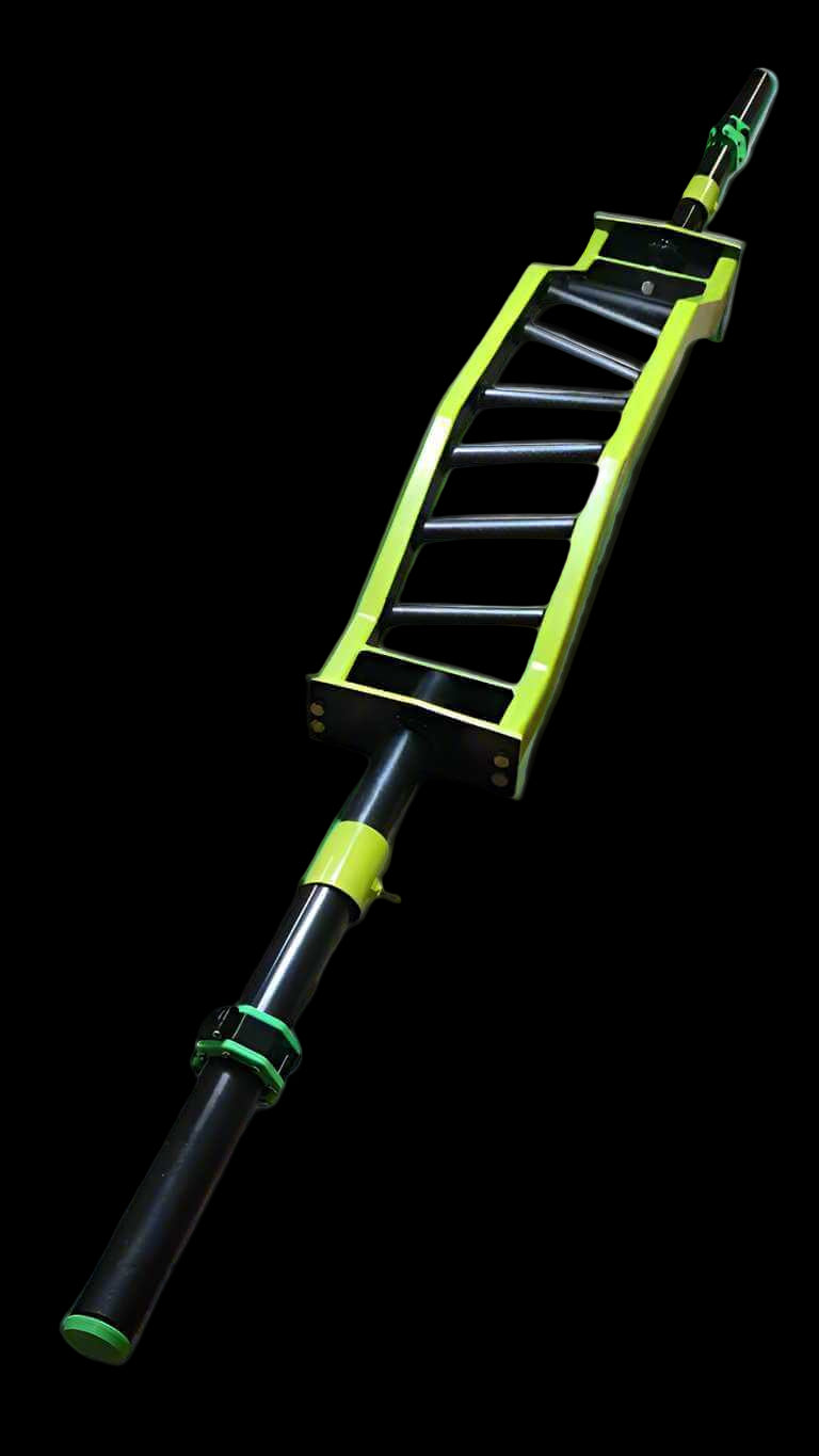 Cambered Barbell for heavy lifting with angled multi-grip handles in neon green, ideal for strength training and home gym setups.