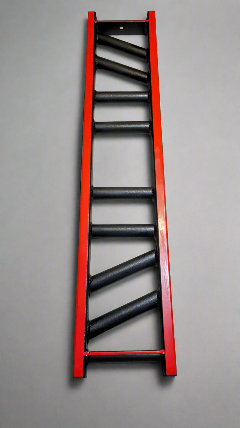 Top-down view of BMF Multi-Grip Swiss Barbell with red frame and multiple angled grips. Versatile specialty bar for strength training routines.