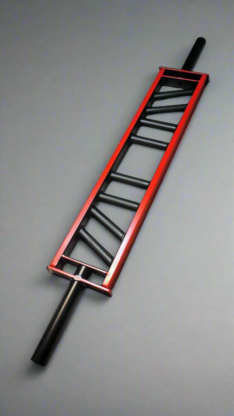 BMF Multi-Grip Swiss Barbell with red frame and angled black grips for versatile strength training. Ideal for home gym and professional use.