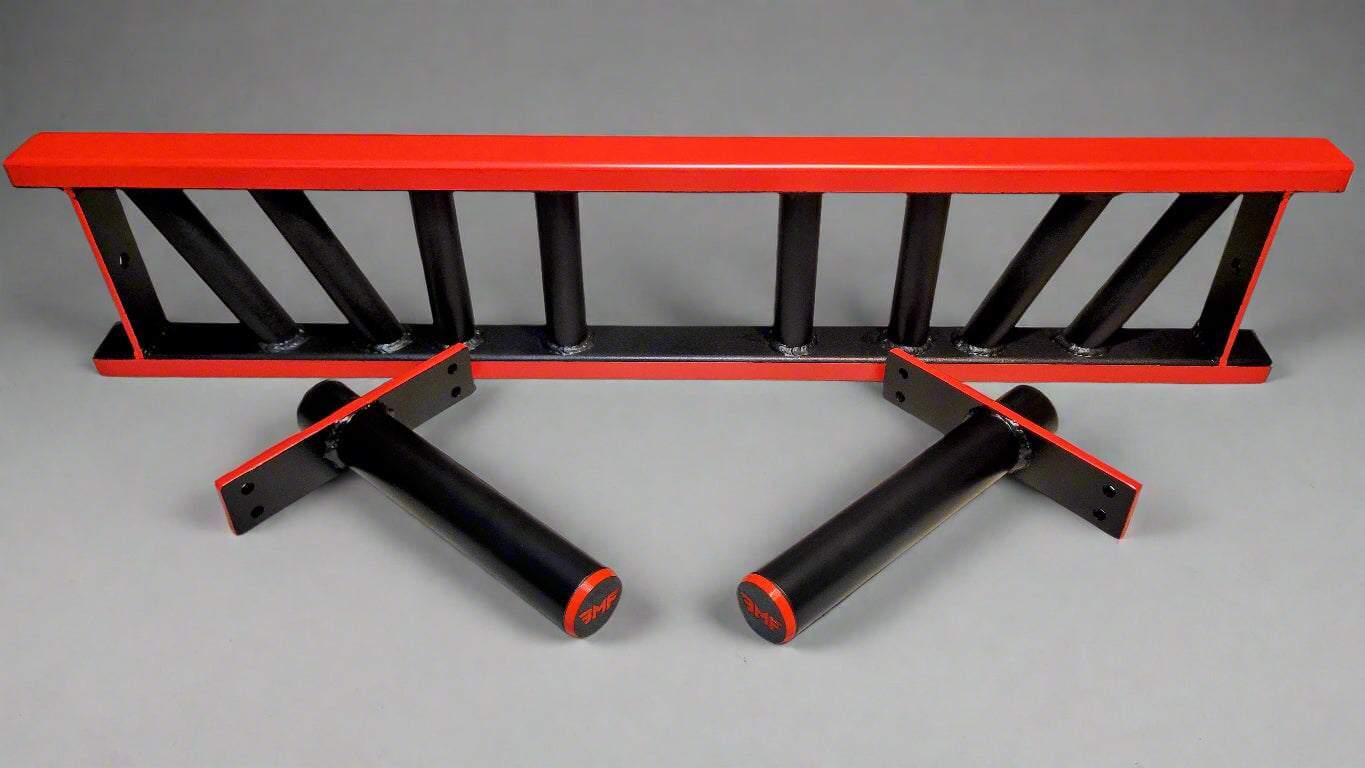 Disassembled BMF Multi-Grip Swiss Barbell showing modular grip bar and detachable sleeves. Customizable setup for targeted workouts.