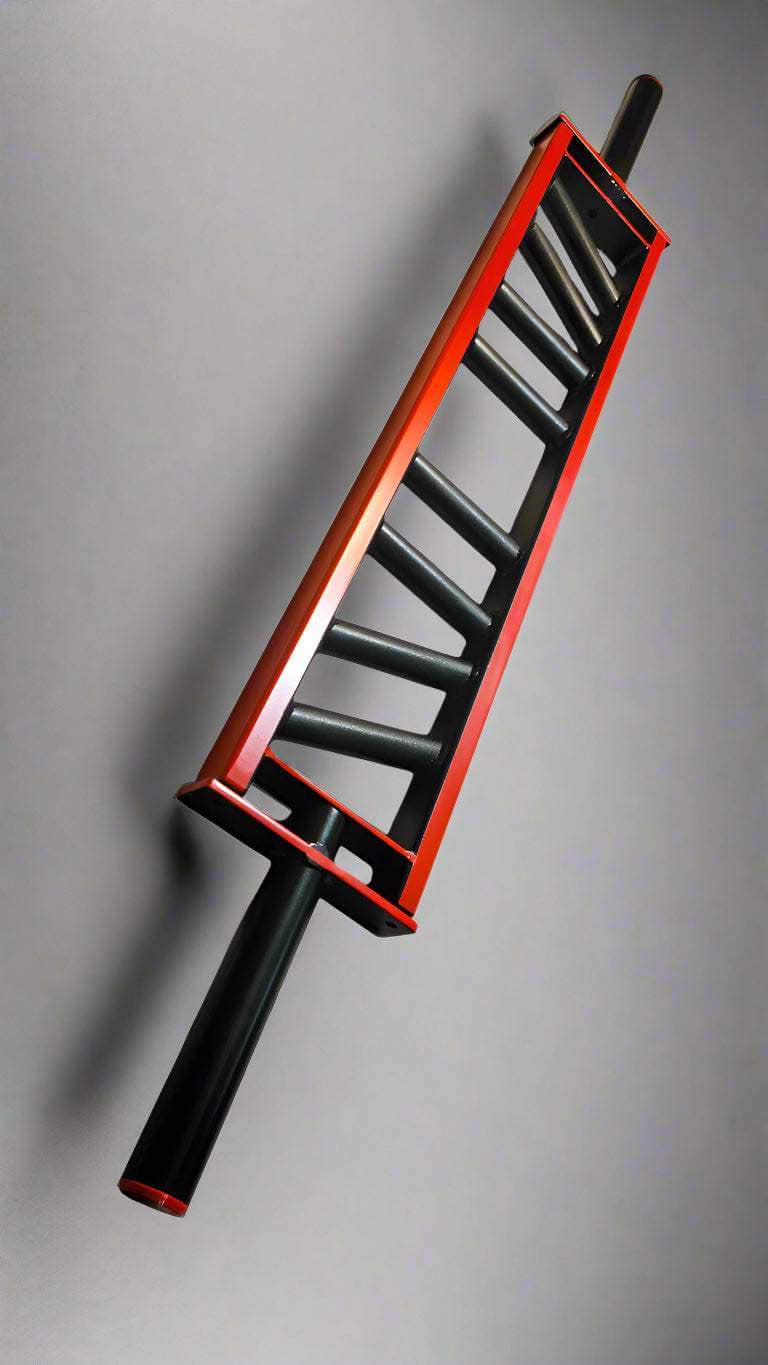 Angled view of BMF Multi-Grip Swiss Barbell showing multiple grip options and sturdy red steel frame. Perfect for varied upper body exercises.