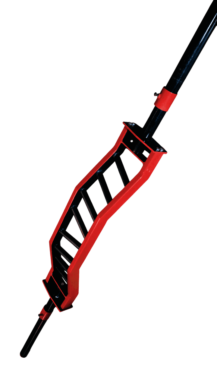 Red version of the BMF Angled Multi-Grip Cambered Barbell, offering color customization for personal gym aesthetics.