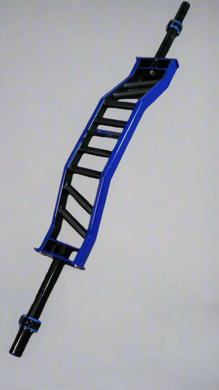 Heavy Duty Camber Row Barbell with multi-grip handles in black and blue, ideal for home gym weightlifting and ergonomic training.