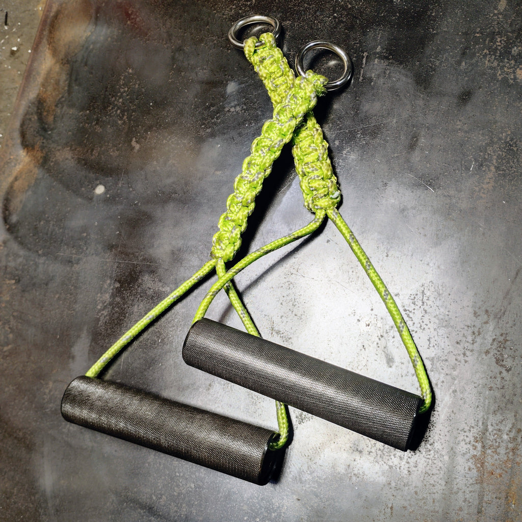 BMF Cobra Cable Handles with steel grips and cobra-knotted 550 paracord for precise hand control and natural movement under load