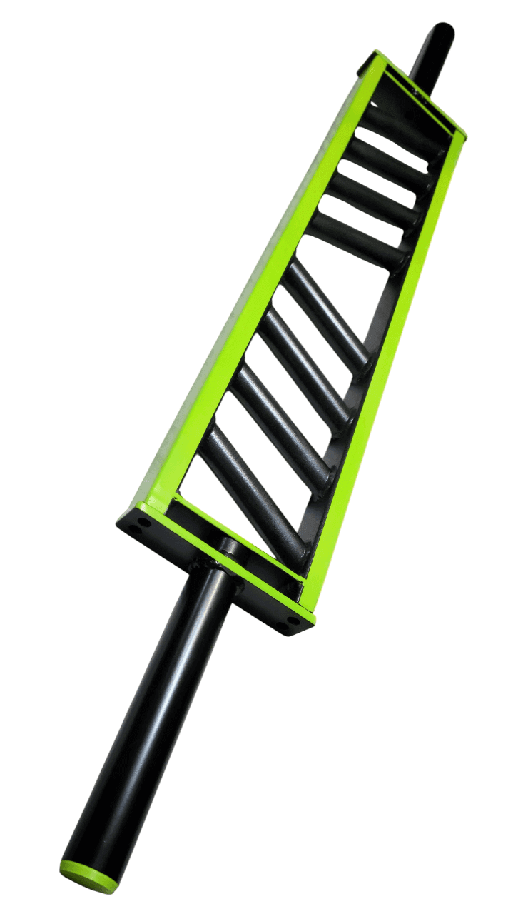 Vanilla Swiss Bar with lime green accents and multi-grip angled handles for enhanced wrist comfort. Durable specialty barbell for strength workouts.