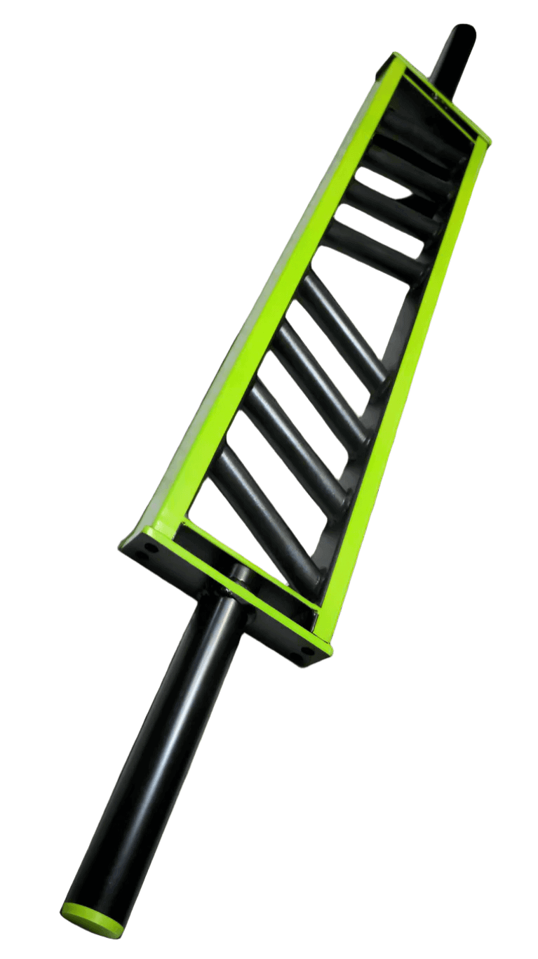 BMF Angled Multi-Grip Vanilla Swiss Barbell with lime green frame and angled grips for versatile strength training. Durable specialty bar for home gyms.