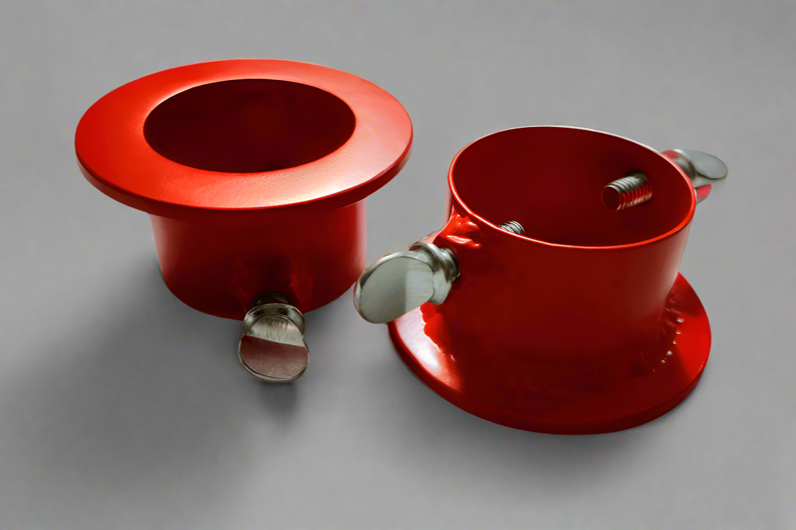 Red Locking Barbell Collars for 1" standard  barbells, featuring welded steel and locking thumbscrews for easy adjustment.