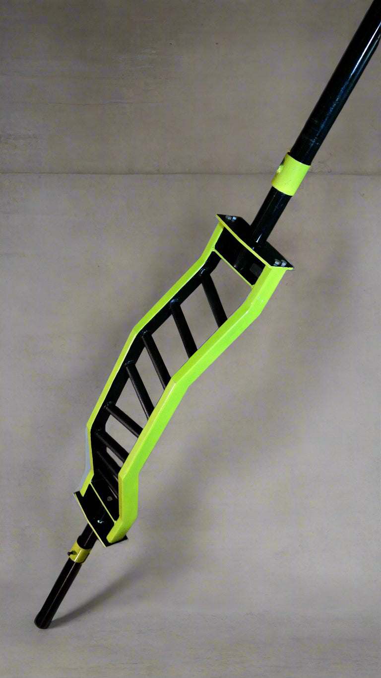 Specialty cambered barbell with angled grips and neon green frame, designed for versatile lifting and CrossFit workouts.