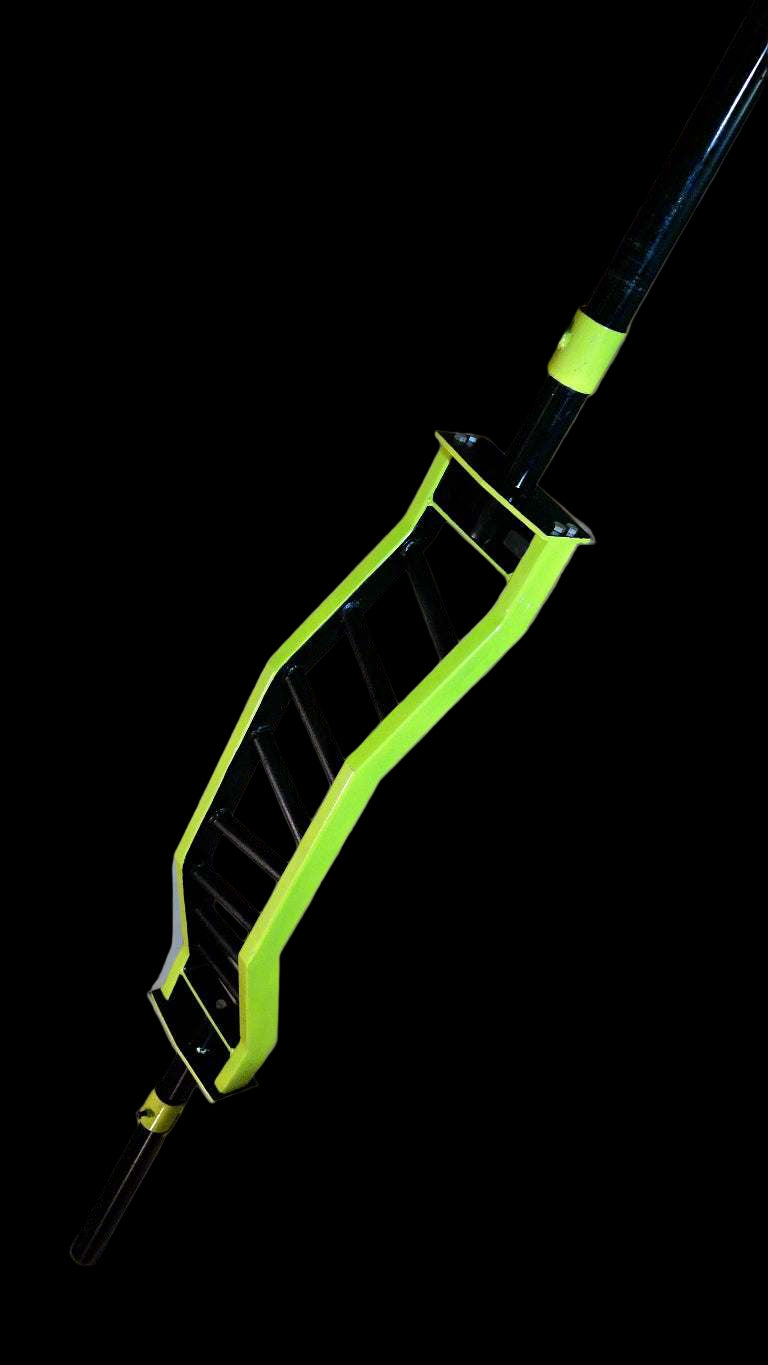 Specialty cambered barbell with angled grips and neon green frame, designed for versatile lifting and CrossFit workouts.