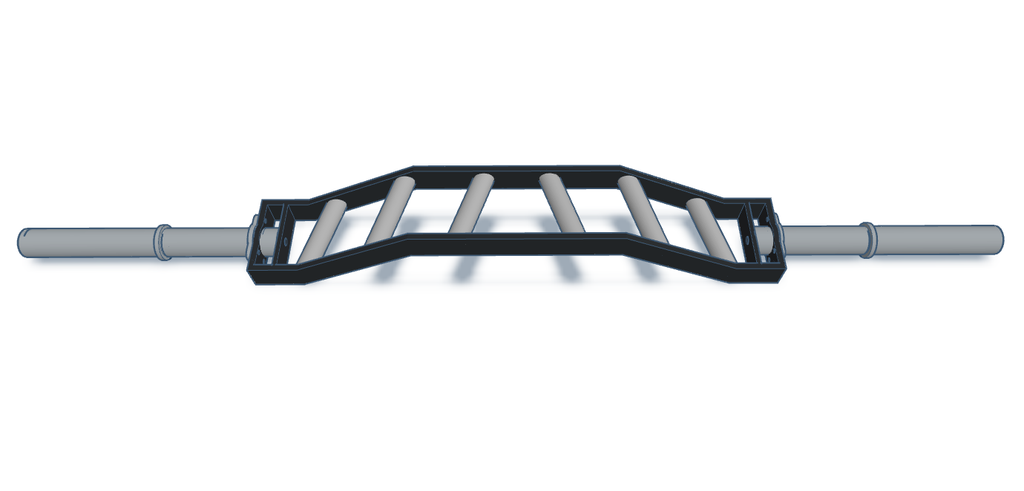 Custom 2-inch cambered barbell with black matte finish and nickel-plated grips and sleeves.