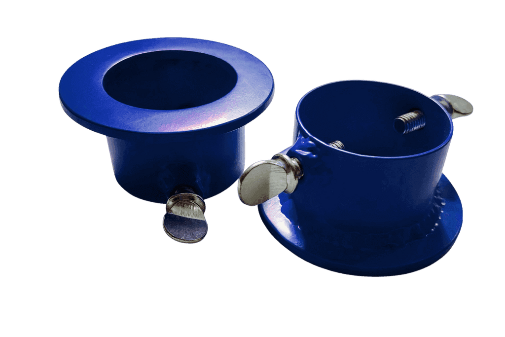 Blue locking 1 inch barbell collars for multi-grip bars, crafted from durable steel with locking bolts for secure lifts.