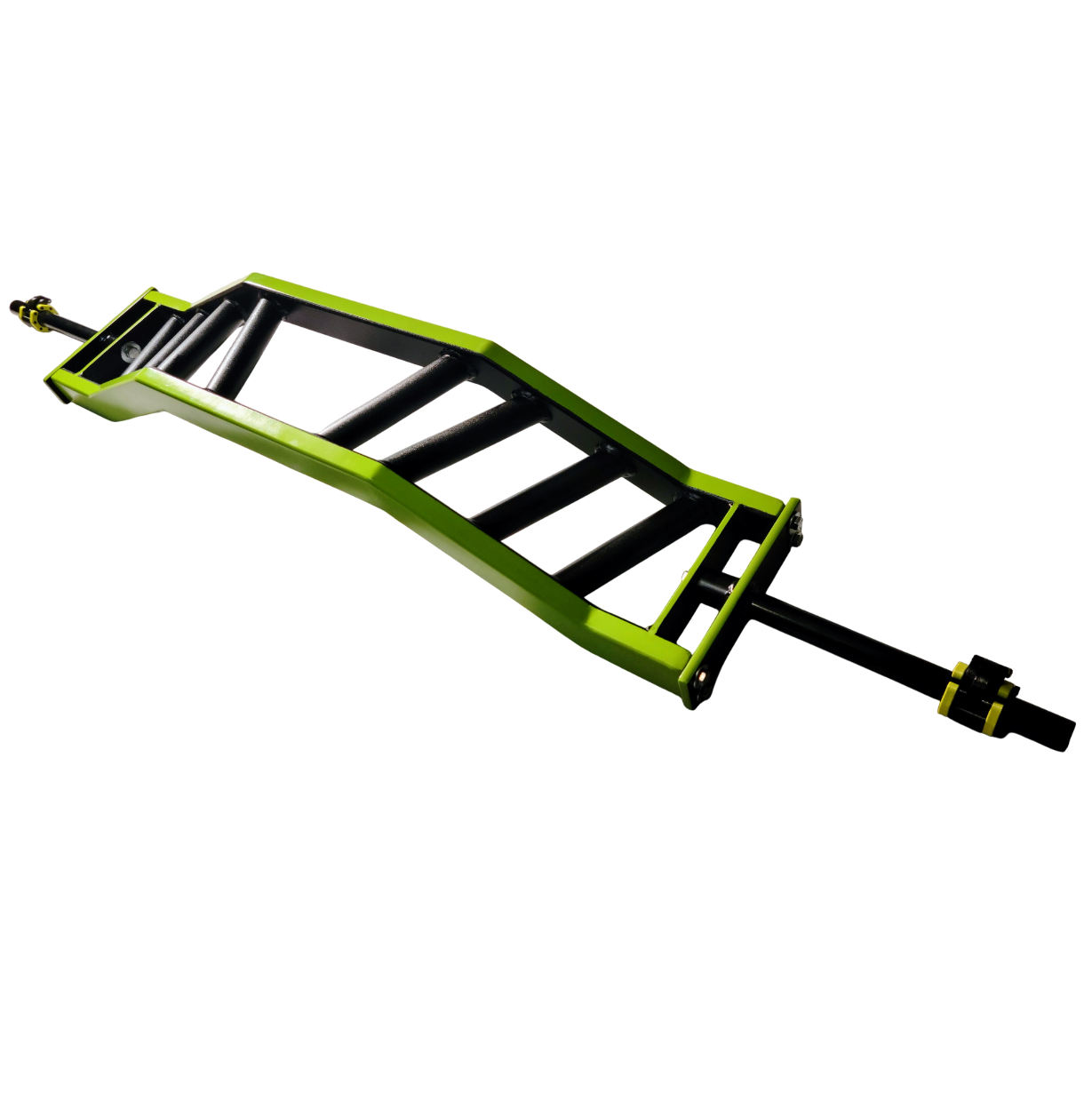 Green cambered barbell with multi-grip handles compatible with 1 inch standard plates for home gym use