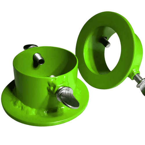 Lime green barbell collars with locking bolts, designed for 1 inch plates on multi-grip bars.